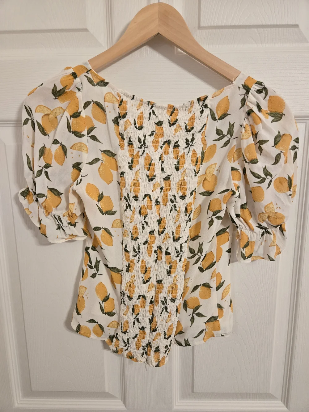 Reformation Lemon-Print Puff Sleeve Top - White, Yellow Size 6
